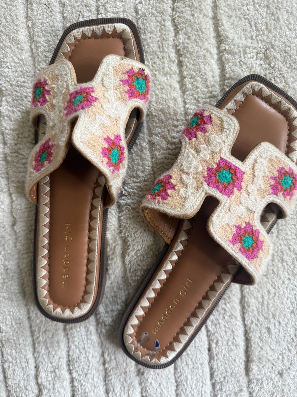 Madden Girl Beige Slide Sandals with Pink & Green Embroidery